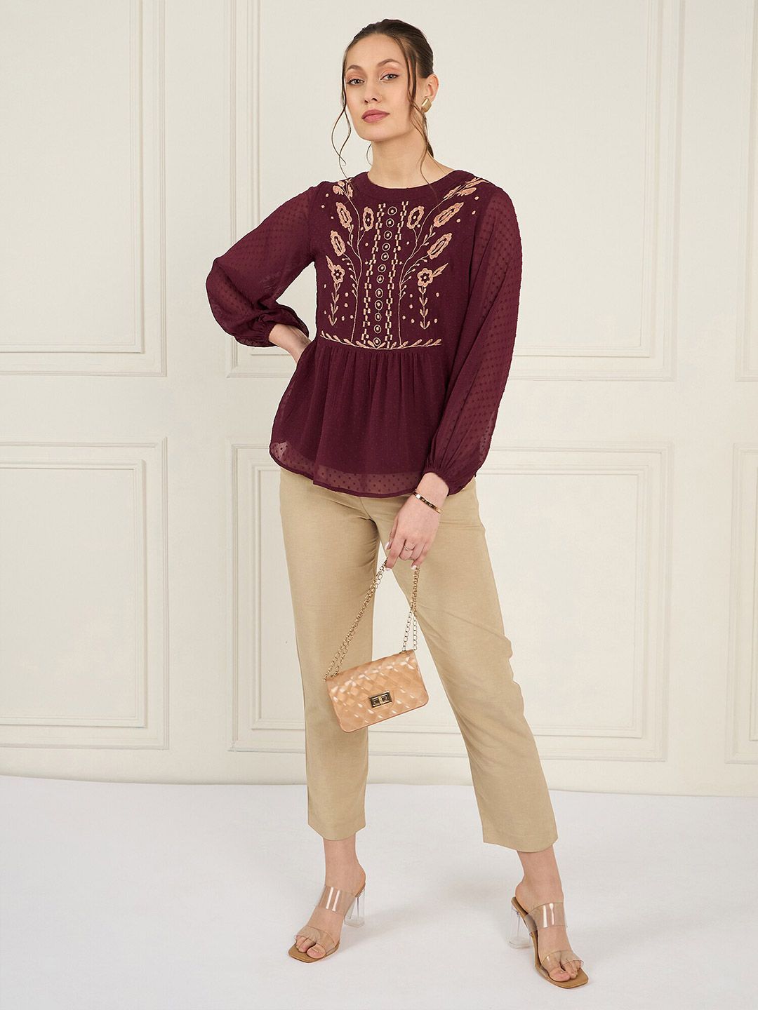 Antheaa Self Designed Mandarin Collar Embroidered Chiffon Top