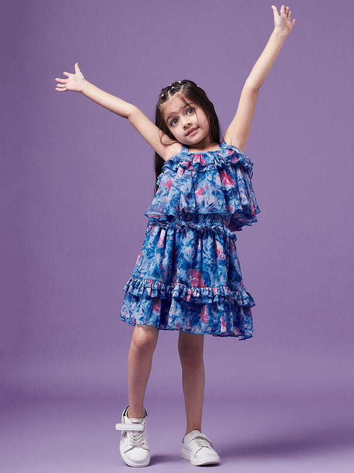 pspeaches Girls Floral Printed Ruffled Chiffon Fit & Flare Dress