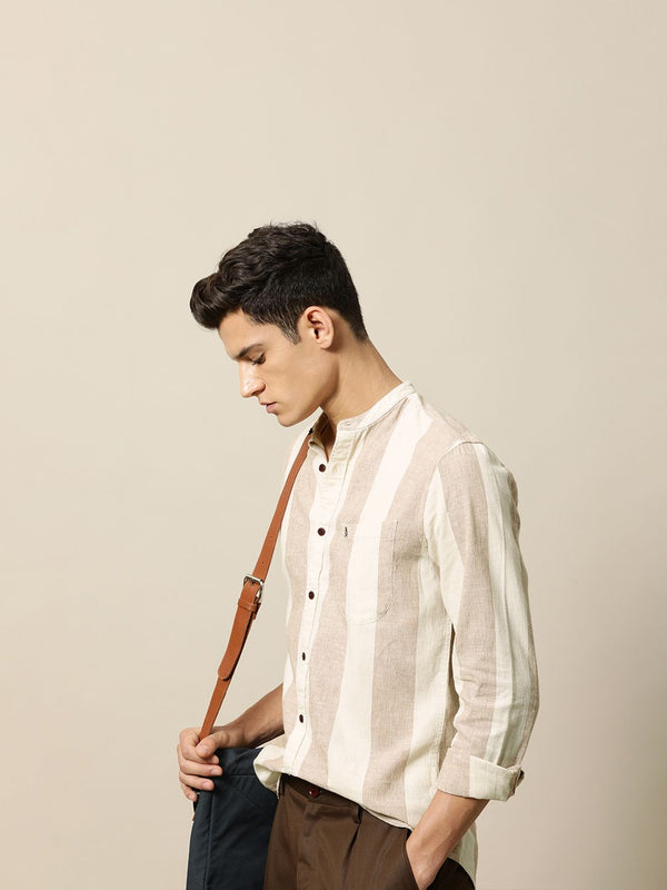 Mr Bowerbird Men Brown & Off White Tailored Fit Striped Cotton Linen Casual Shirt
