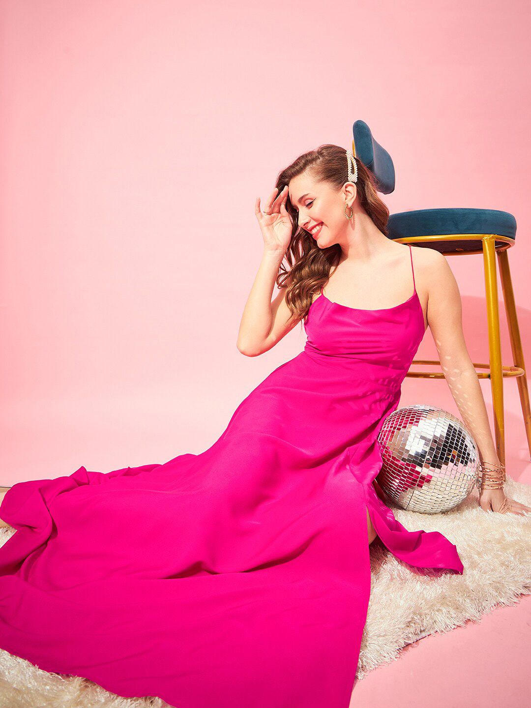 Berrylush Pink Shoulder Straps Tie Ups Maxi Dress