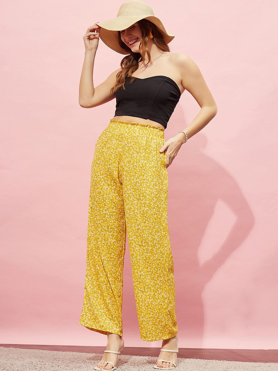 Berrylush Women Yellow Floral Printed Relaxed Straight Leg High-Rise Parallel Trouser