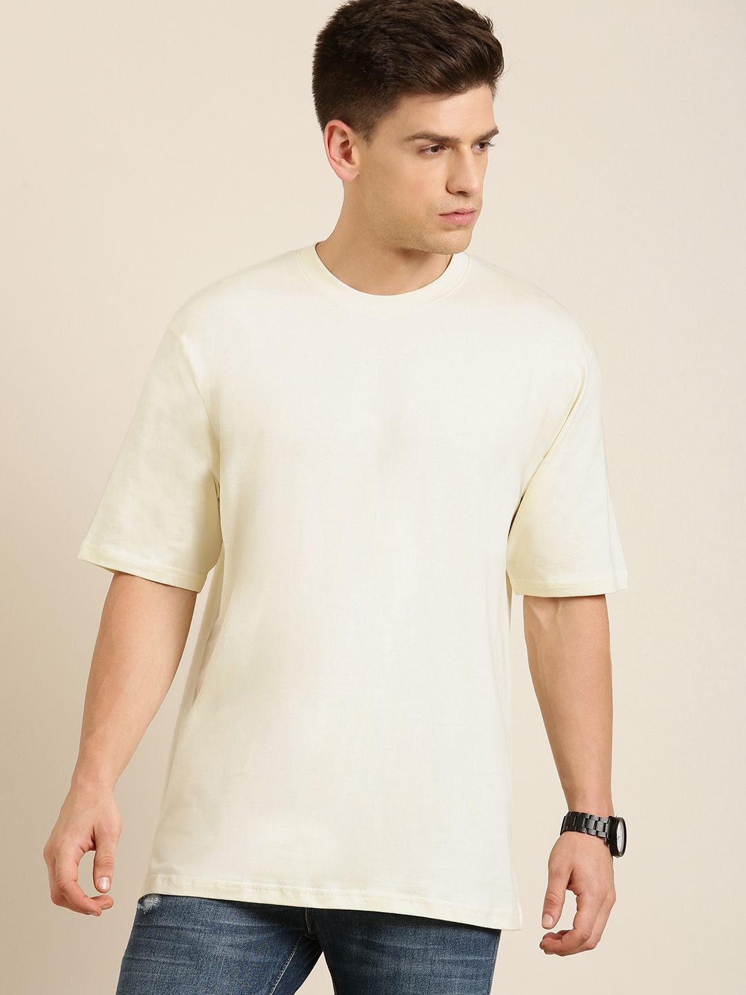 DILLINGER Men Cream-Coloured Pure Cotton Drop-Shoulder Sleeves Oversized Fit T-shirt