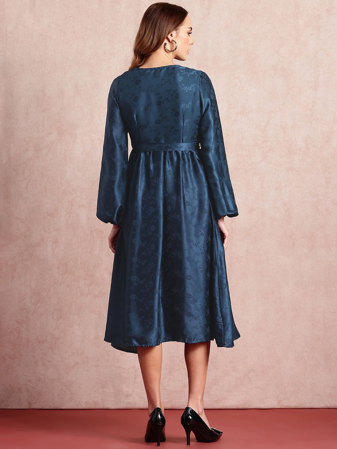all about you Floral Puff Sleeve Satin A-Line Midi Dress