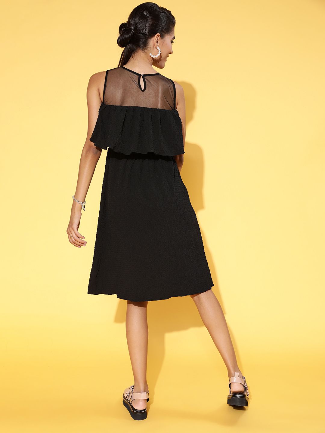 Athena Women Stylish Black Solid Feminine Frills Dress