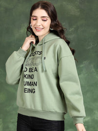 Tokyo Talkies Green Typography Printed Hooded Sweatshirt