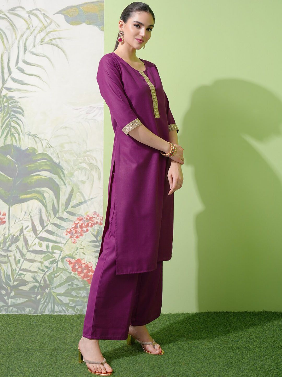 Vishudh Purple Yoke Design Thread Work Straight Kurta With Palazzos & Dupatta