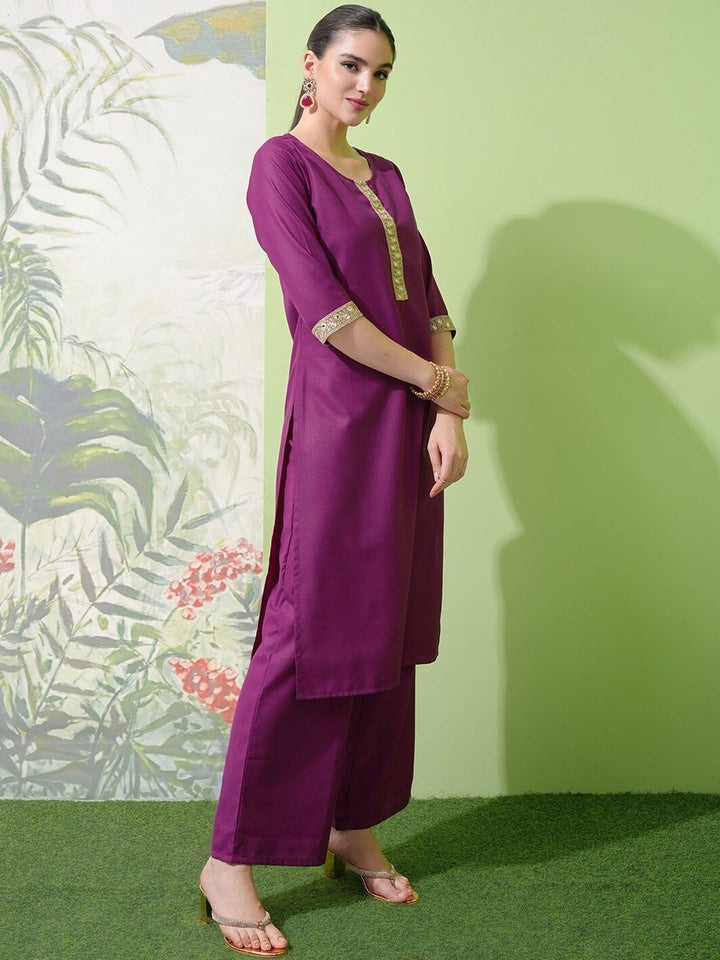 Vishudh Purple Yoke Design Thread Work Straight Kurta With Palazzos & Dupatta
