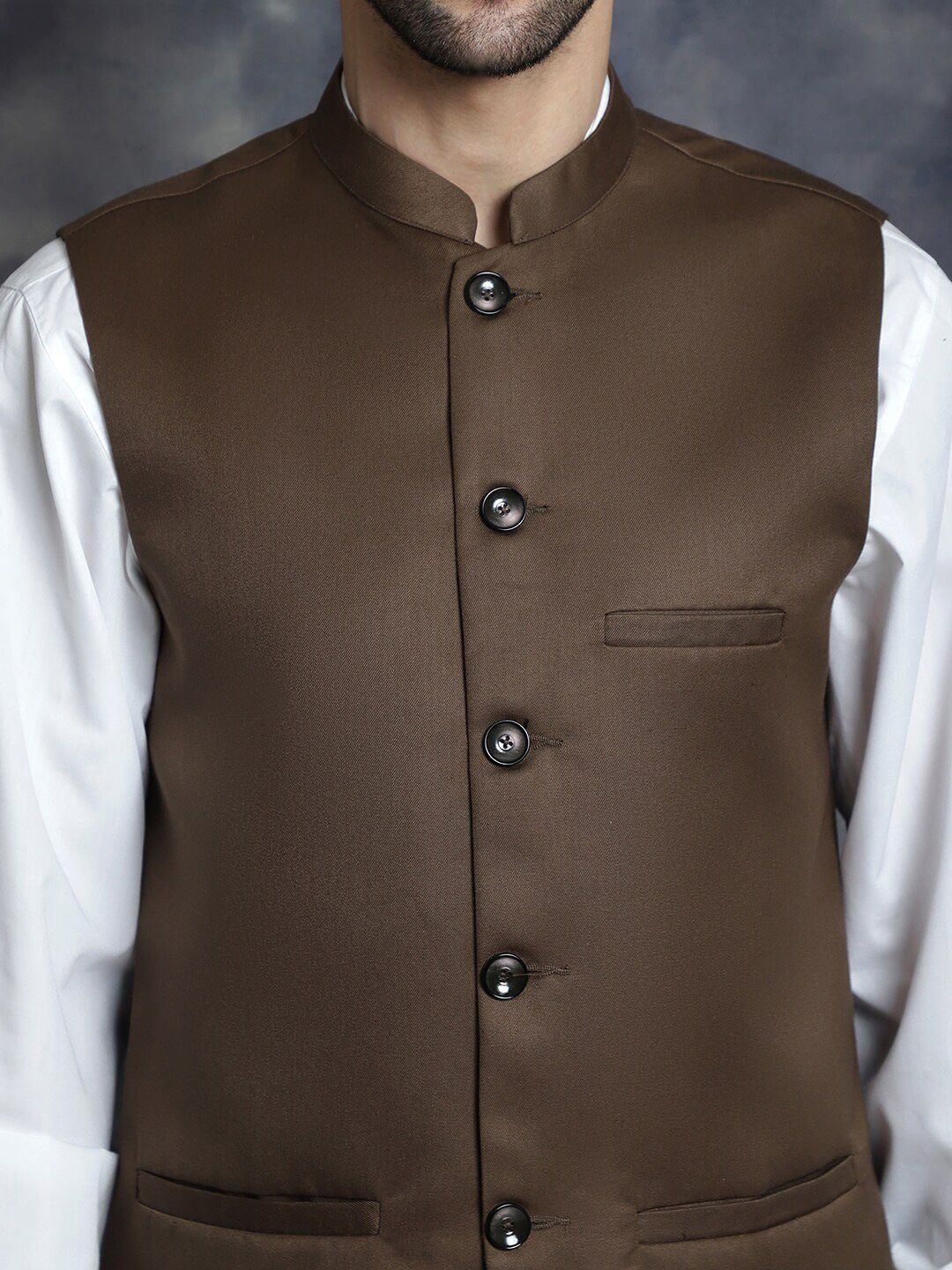 Anouk Brown Mandarin Collar Woven Nehru Jacket