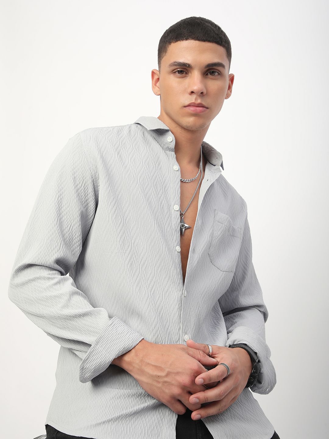 VASTRADO Men Classic Spread Collar Vertical Stripes Self Design Slim Fit Casual Shirt