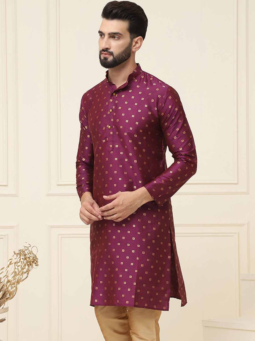 SOJANYA Geometric Woven Design Band Collar Long Sleeves Regular Silk Straight Kurta