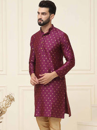SOJANYA Geometric Woven Design Band Collar Long Sleeves Regular Silk Straight Kurta