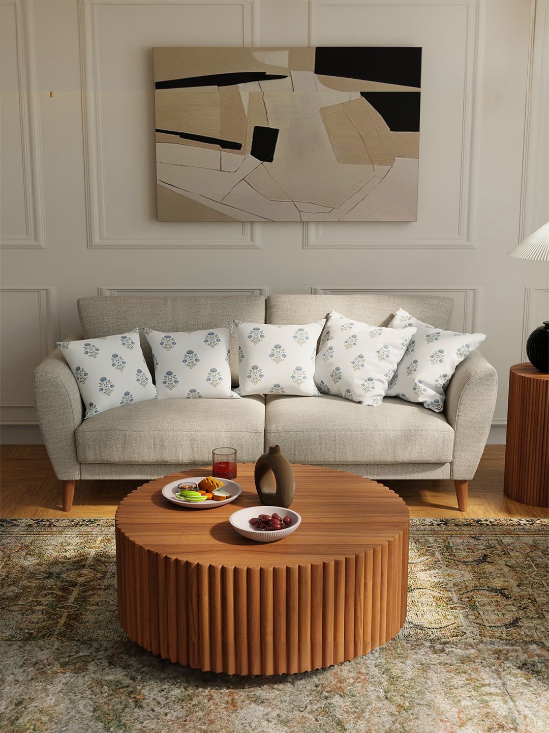 URBAN SPACE Blue & Cream-Coloured 5 Pieces Floral Printed Cotton Square Cushion Covers