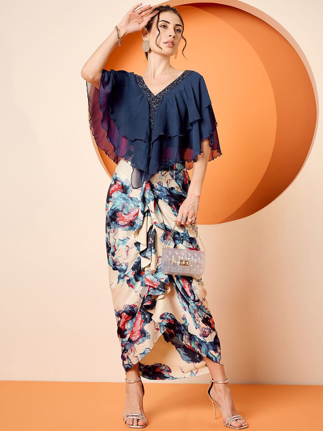 Antheaa Navy Blue Embellished V-Neck Top & Skirt