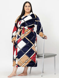 KLOTTHE Plus Size Navy Blue & White Checked Bath Robe With Belt