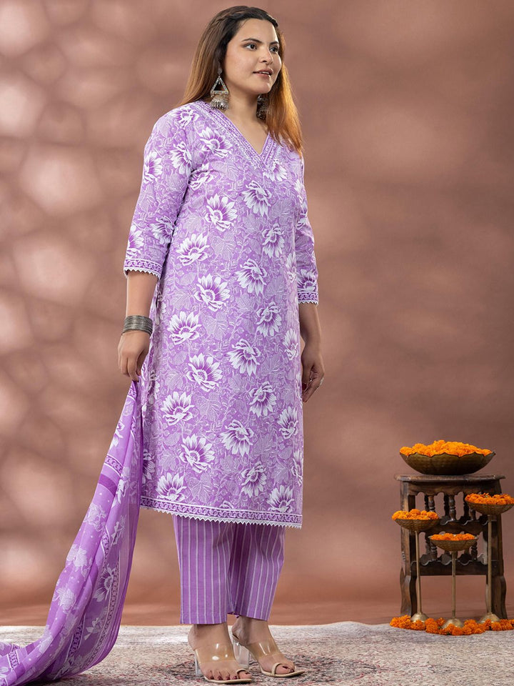 Mamicha Floral Printed Mirror Work Straight Kurta With Palazzo & Dupatta