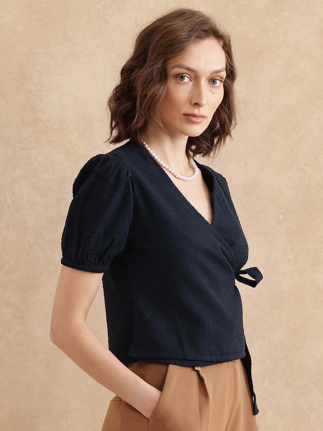 RAREISM Puff Sleeve Cotton Wrap Top