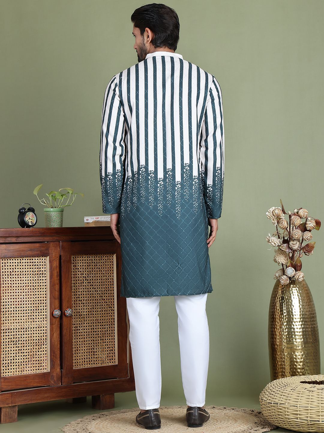 Jompers Striped Printed Band Collar Straight Kurta With Trouser