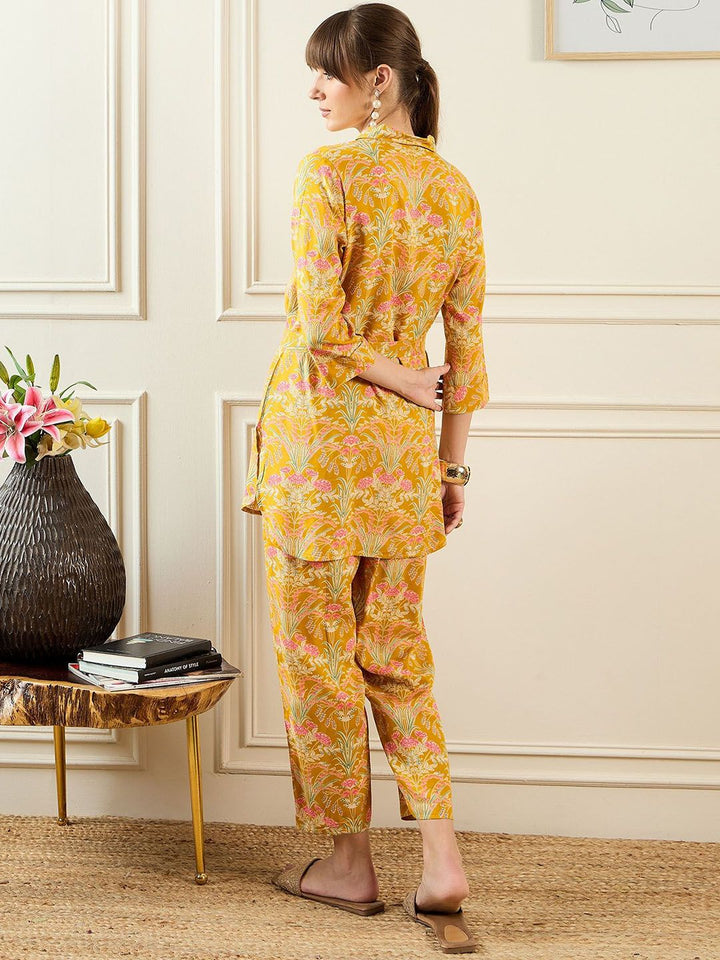 Indo Era Floral Printed Shirt Collar Tunic & Trousers
