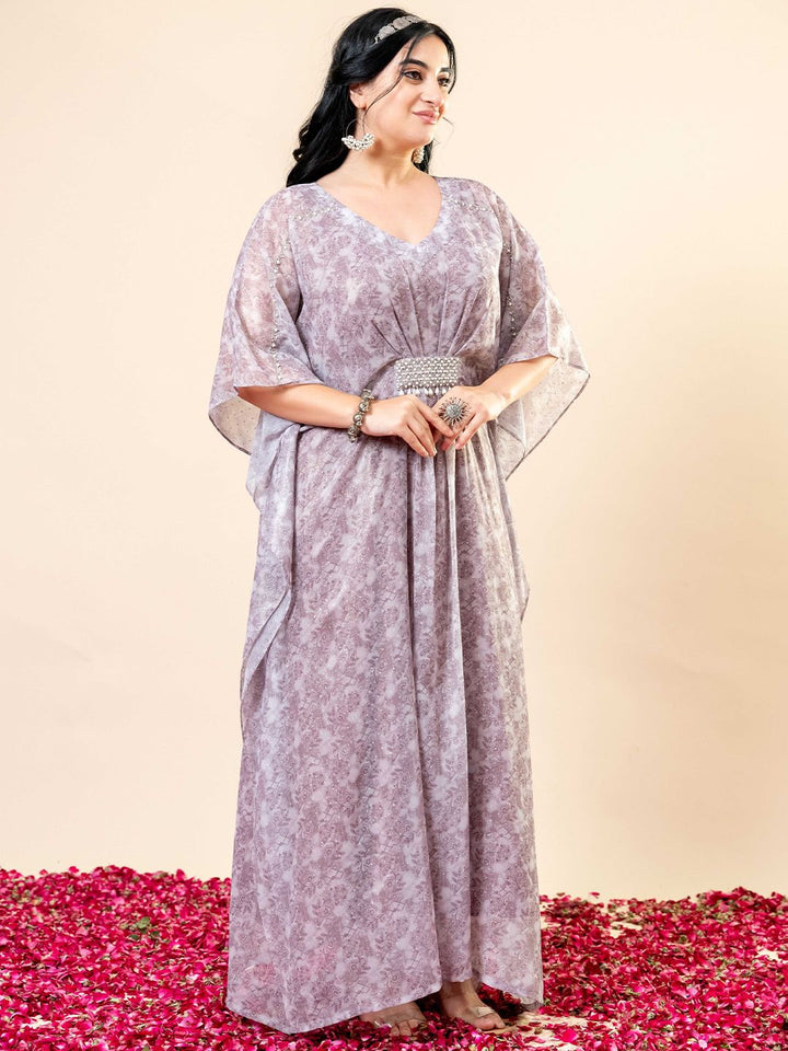 Pakaian Kaftan Leher V Bercetak Bunga Mamicha Wanita