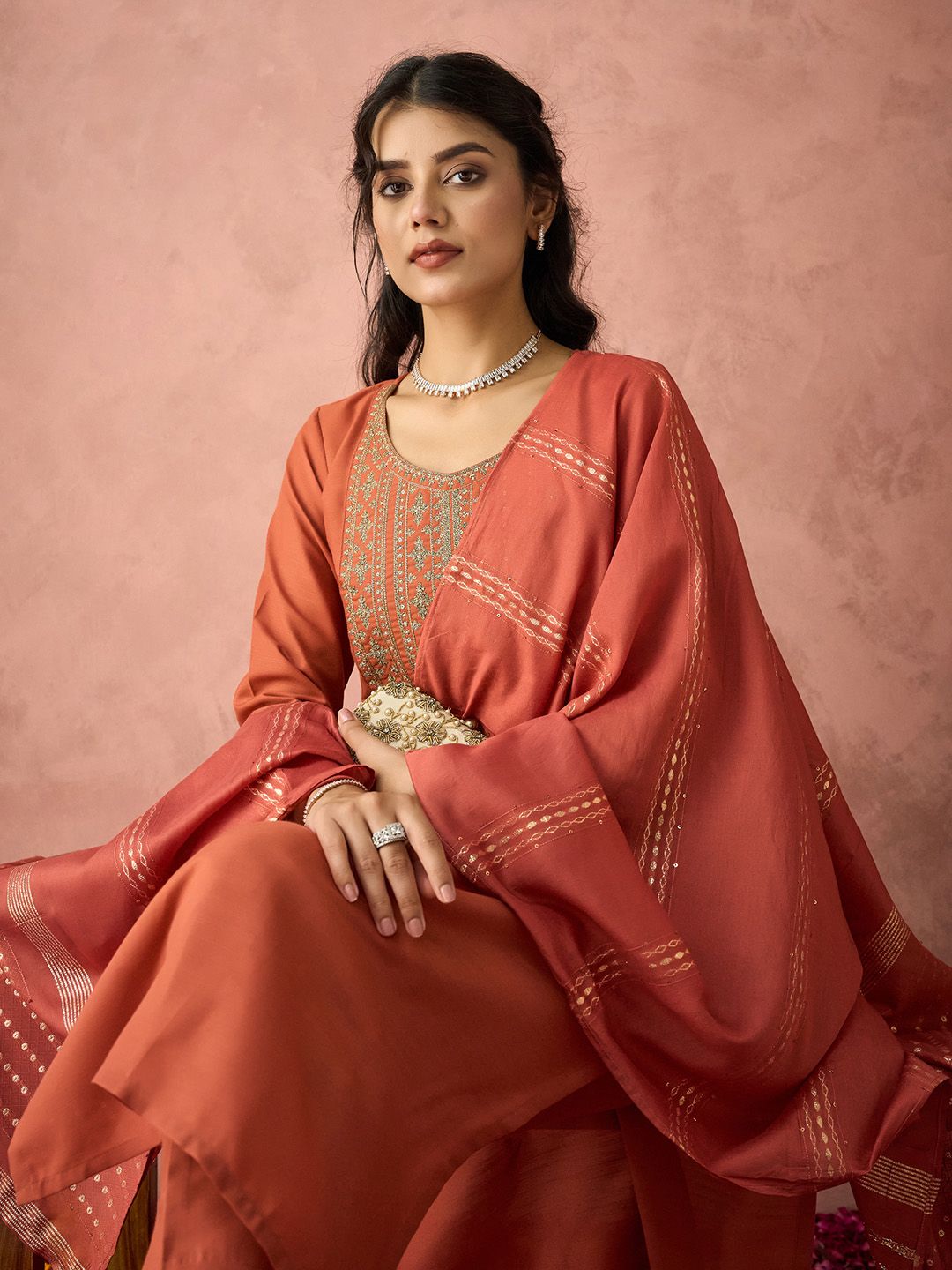 KALINI Ethnic Motifs Yoke Design Sequinned Kurta with Trousers & Dupatta