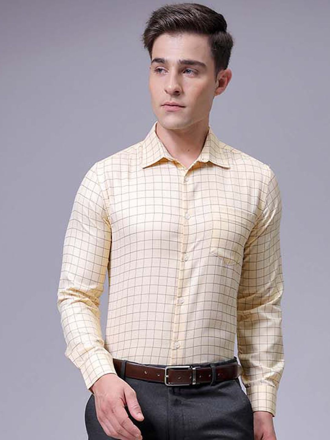The Indian Garage Co. X Luxe Men Slim Fit Cutaway Collar Grid Tattersall Checked Formal Shirt
