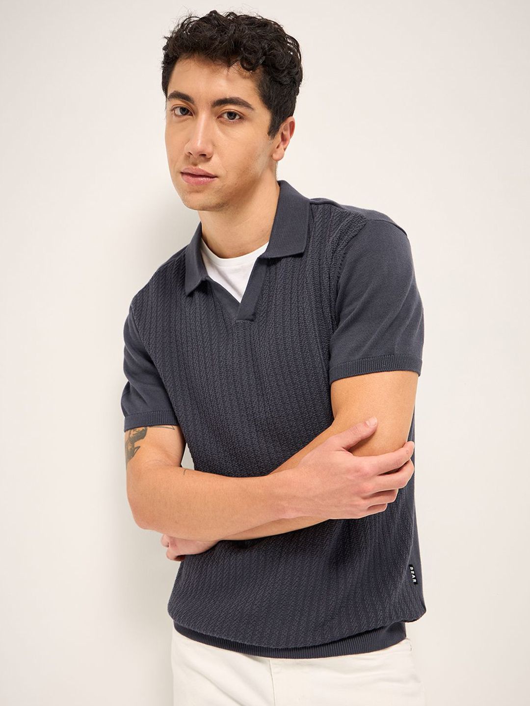 THE BEAR HOUSE Men Self Design Polo Collar Cotton T-shirt