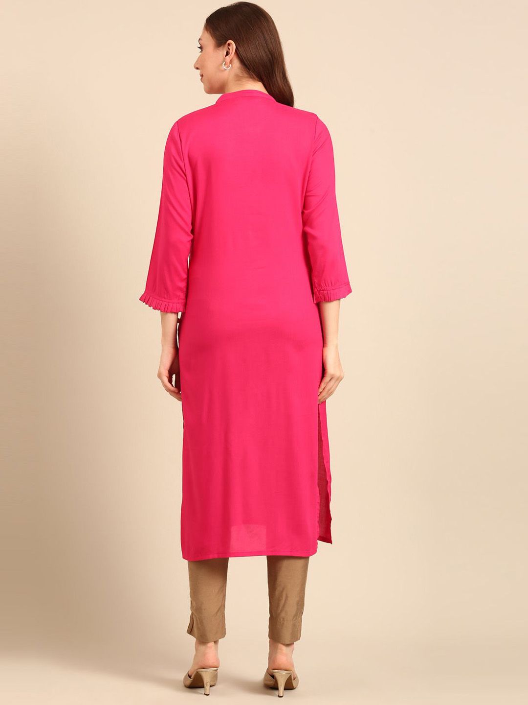 Anouk Fuchsia Floral Embroidered Pure Cotton Straight Kurta
