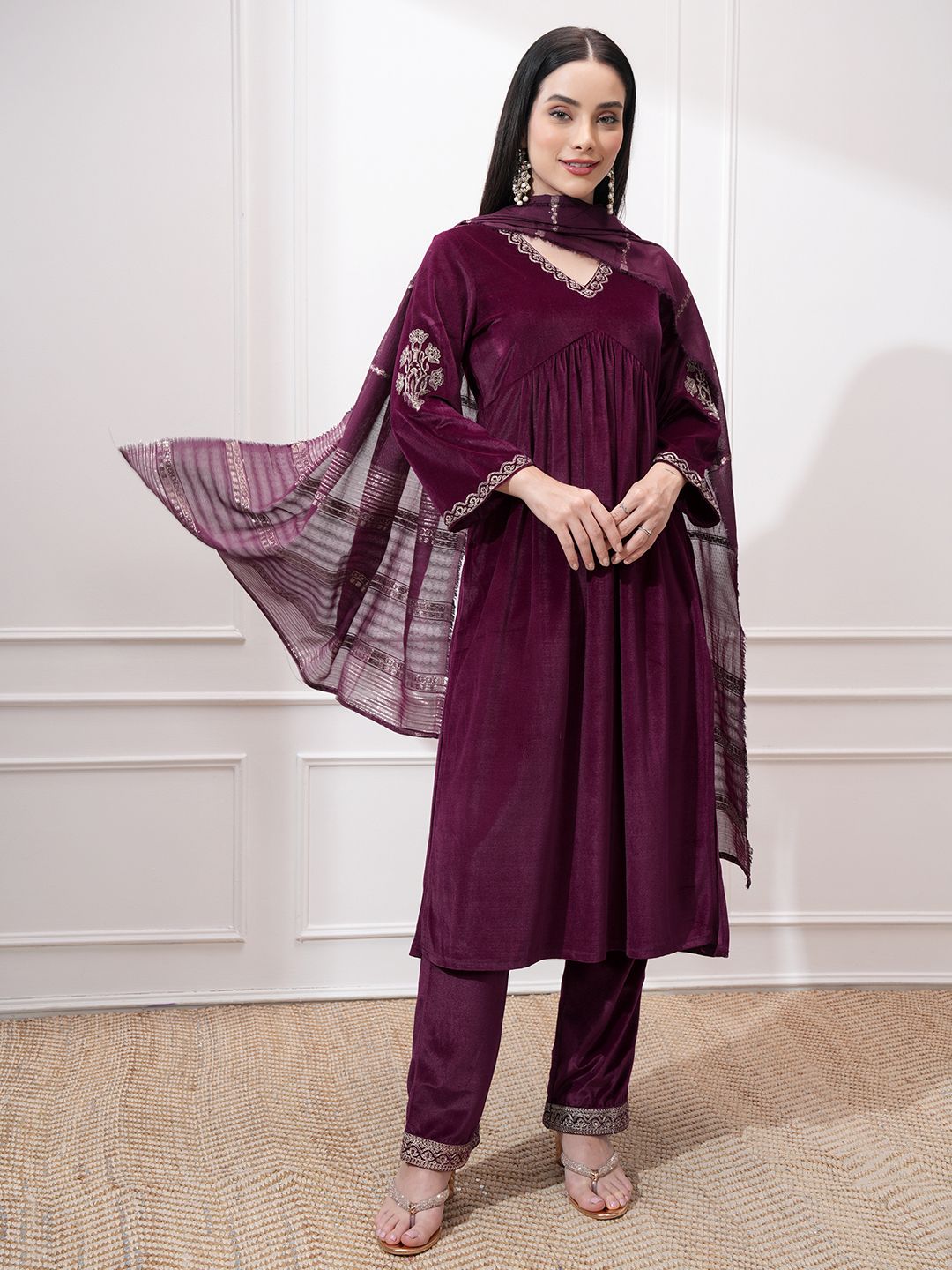 Vishudh Women Ethnic Motifs Embroidered Regular Kurta with Trousers & With Dupatta