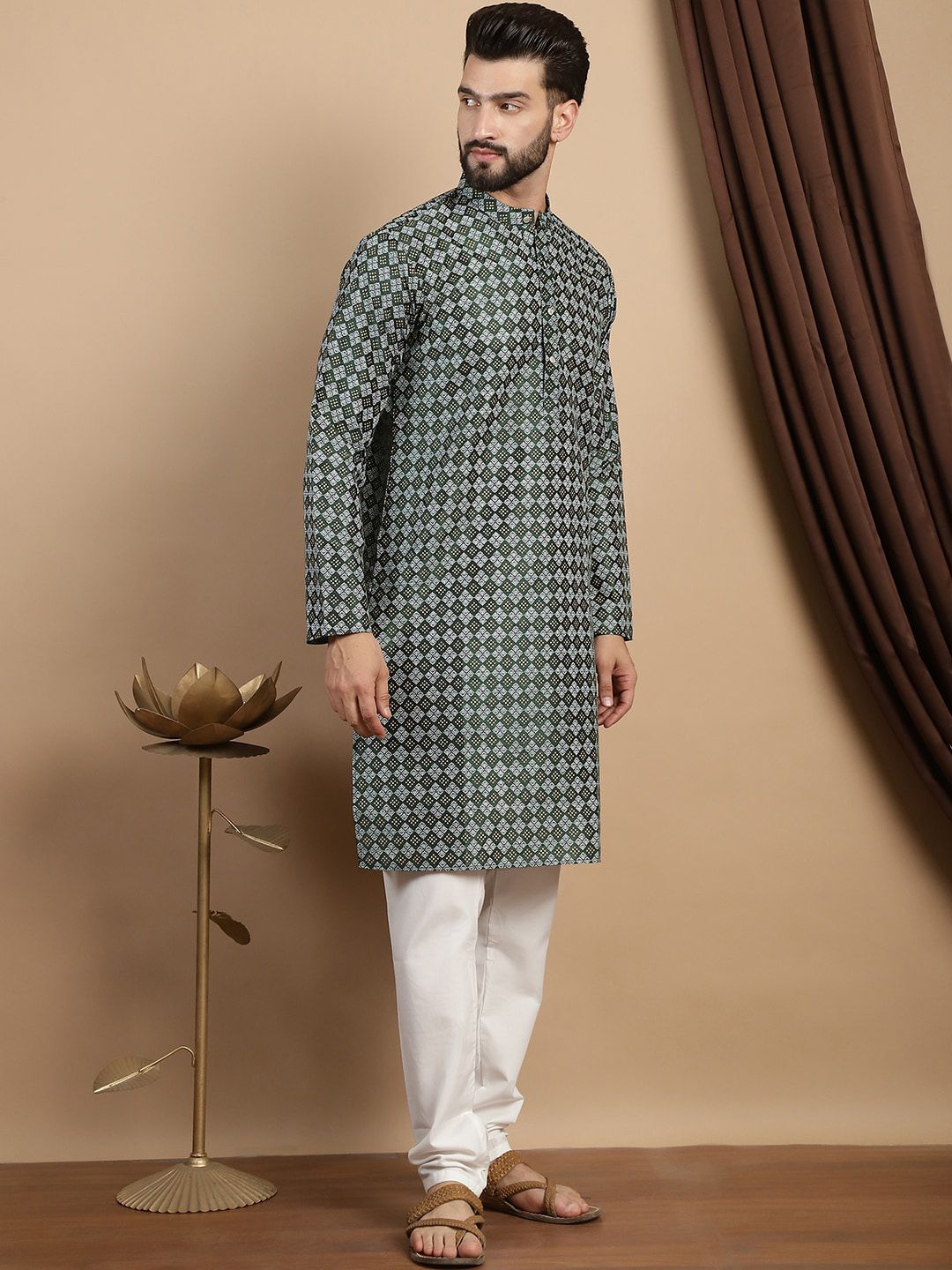 Anouk Geometric Printed Mandarin Collar Regular Straight Kurta With Churidar