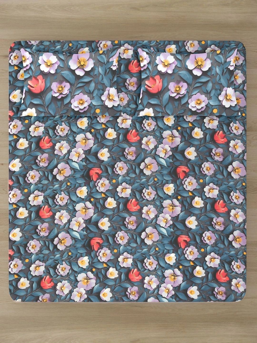 Myntra Elegant Homes Blue Floral 400 TC King Bedsheet with 2 Pillow Covers