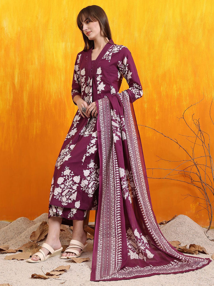 KALINI Floral Printed Pleated V-Neck Sequinned A-Line Kurta With Palazzos And Dupatta