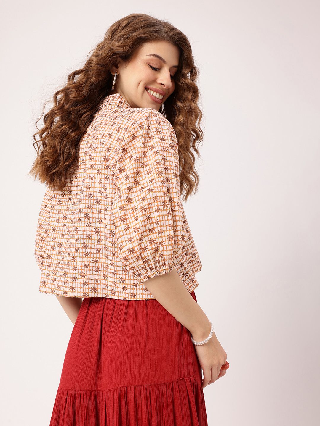 DressBerry Effortless Core Checks & Floral Printed Boxy Crop Shirt