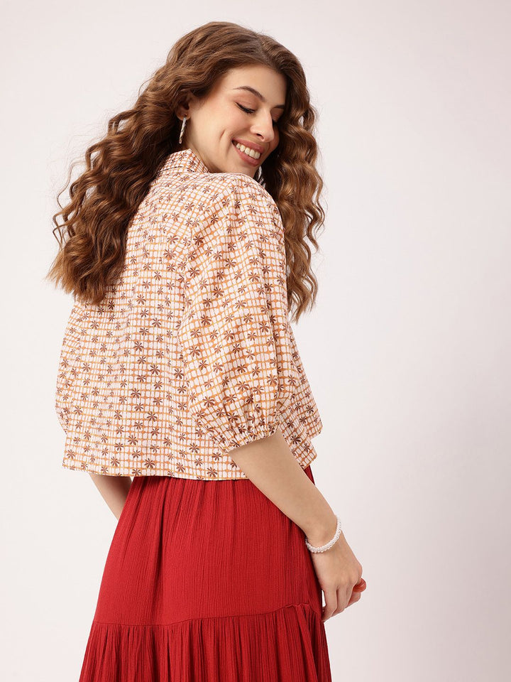 DressBerry Effortless Core Checks & Floral Printed Boxy Crop Shirt