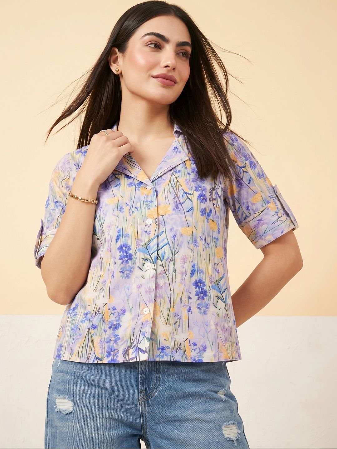 Mamicha Floral Print Roll-Up Sleeves Shirt Style Top