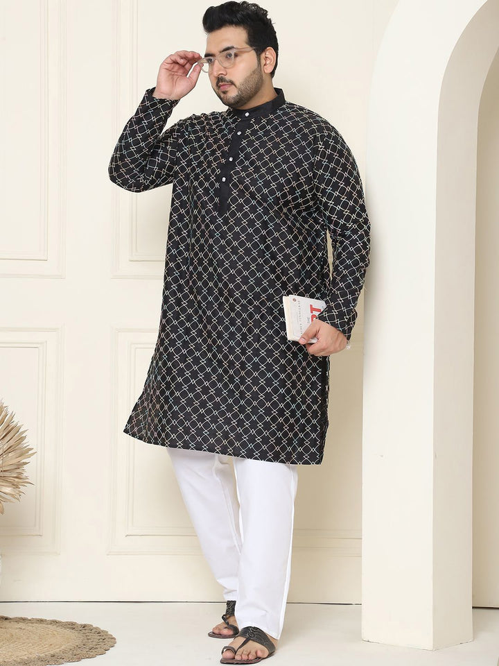 SOJANYA PLUS Geometrik Sulam Benang Kerja Sutera Kurta Lurus Kapas dengan Piyama