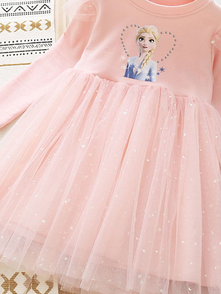 YK Girls Cartoon Characters Printed Fit & Flare Knee Length Dress