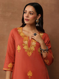 House of Chikankari Women Coral Woollen Aari Embroidered Kurta