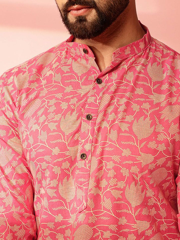 Anouk Floral Printed Band Collar Cotton Linen Straight Kurta