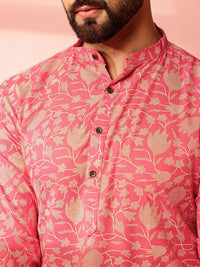 Anouk Floral Printed Band Collar Cotton Linen Straight Kurta