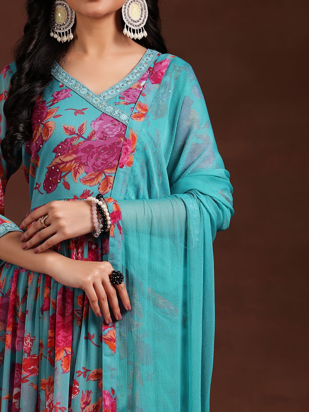 Libas Women Floral Printed Pleated Sequinned Kurta with Trousers & With Dupatta