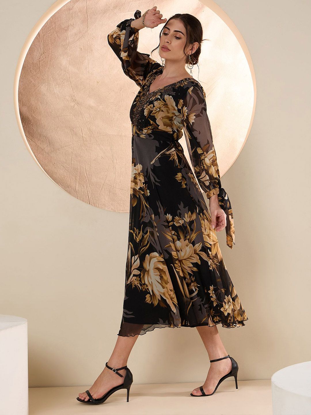 Antheaa Floral Embellished Flared Sleeve Chiffon A-Line Midi Dress