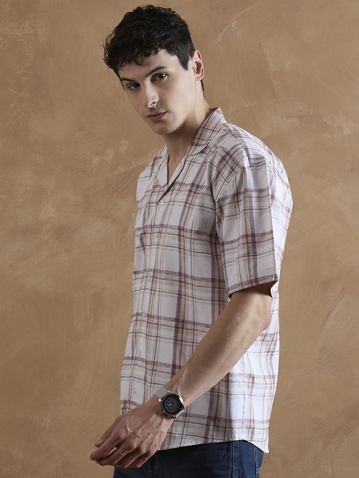DENNISON Men Beige and Maroon Tartan Checks Shirt