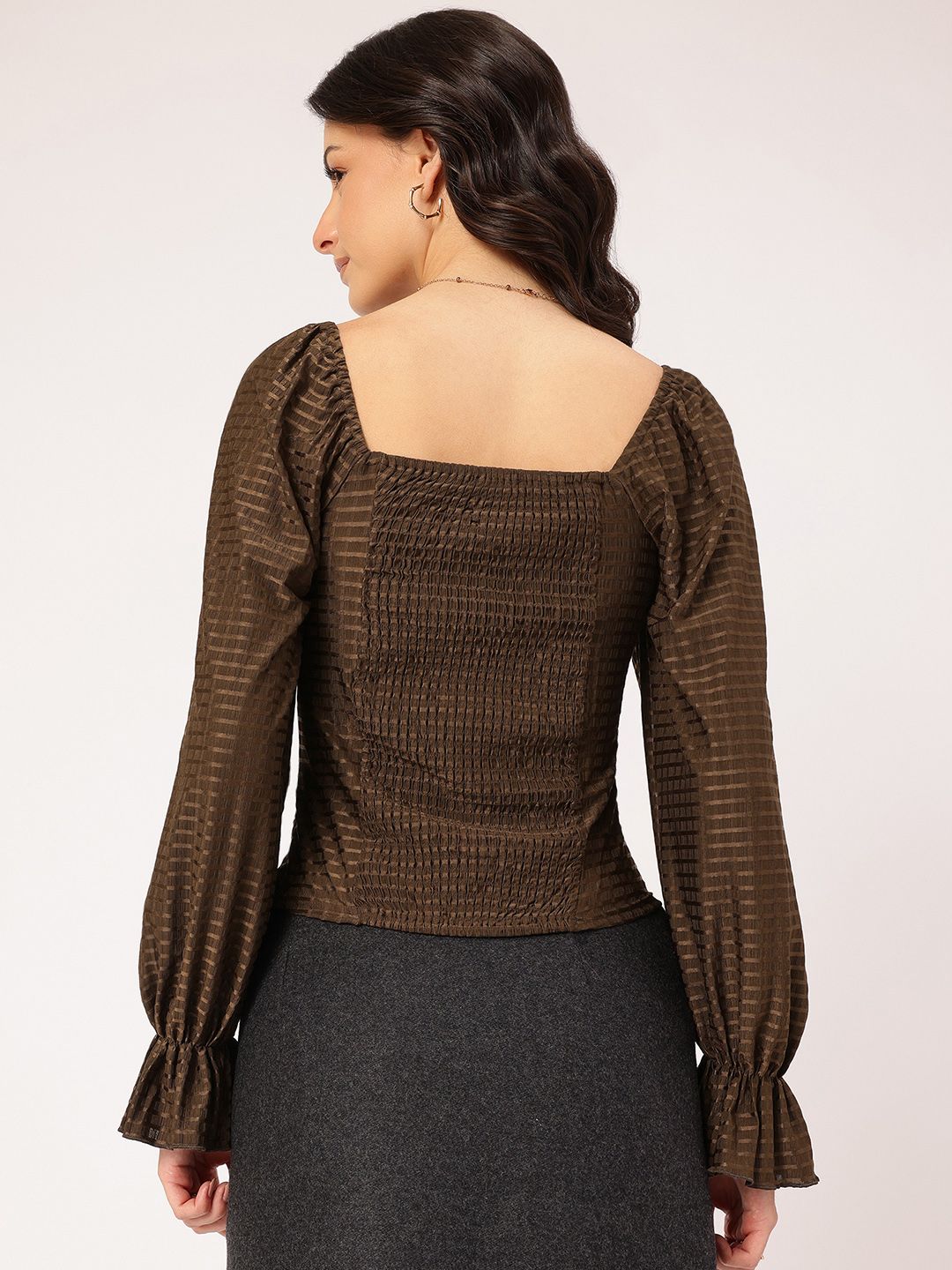 DressBerry Minimalist Muse Self Checked Smocked Ruched Top
