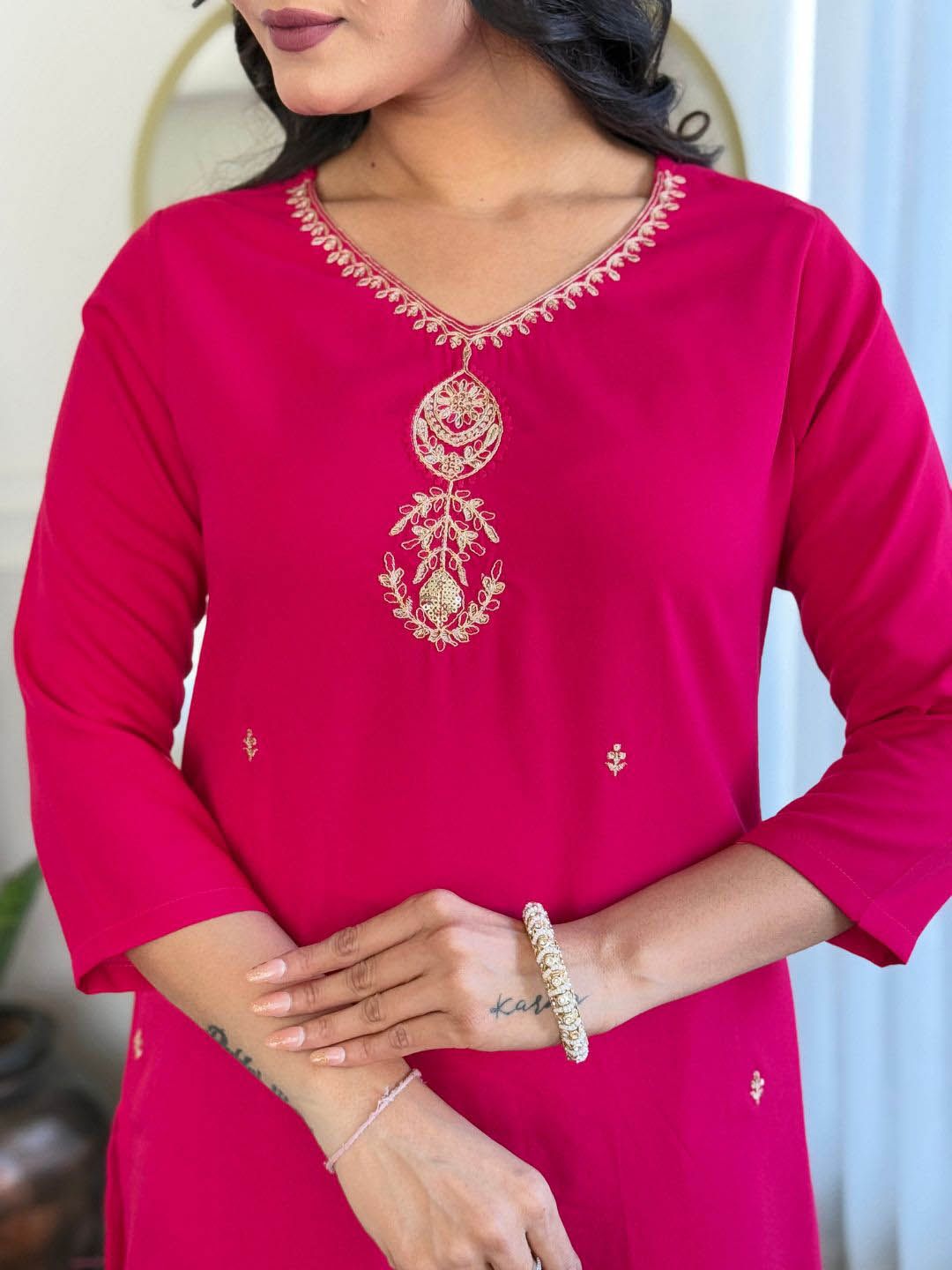 KALINI Zari V-Neck Straight Kurta With Trousers And Dupatta