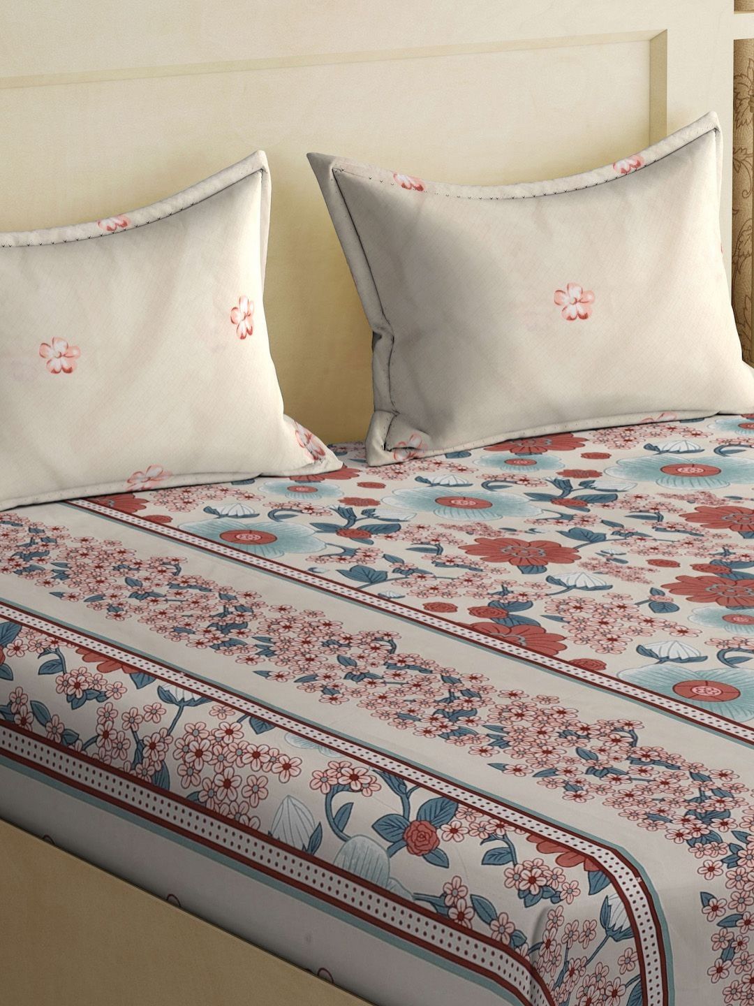Aura Rust & Cream Floral Printed Flat 300 TC King Bedsheet Dengan 2 Sarung Bantal