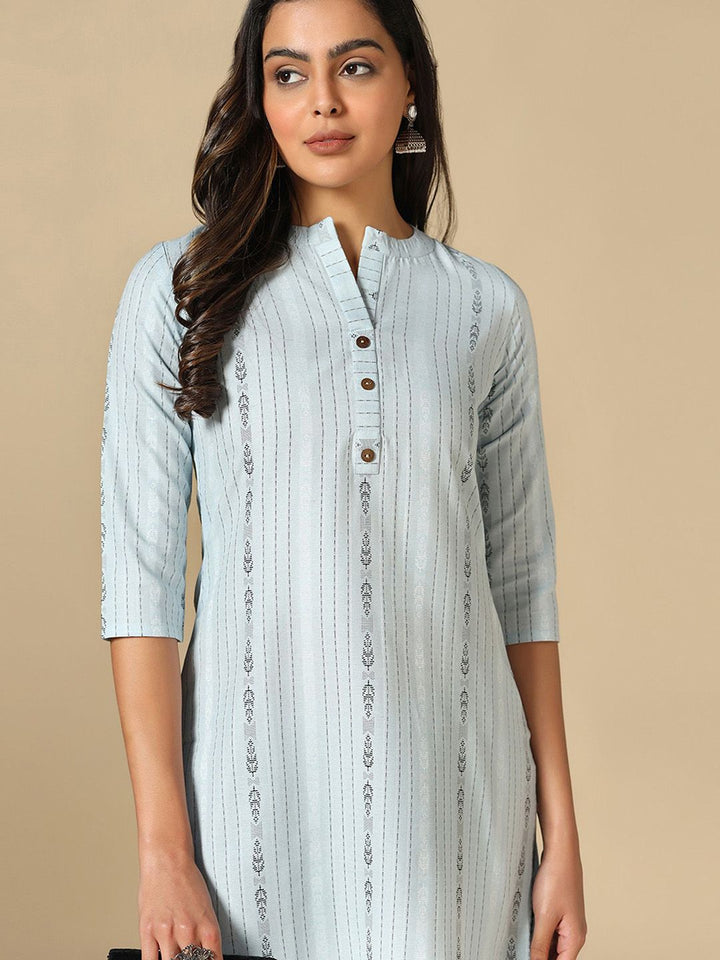 KALINI Striped Mandarin Collar Thread Work Straight Kurta With Trousers