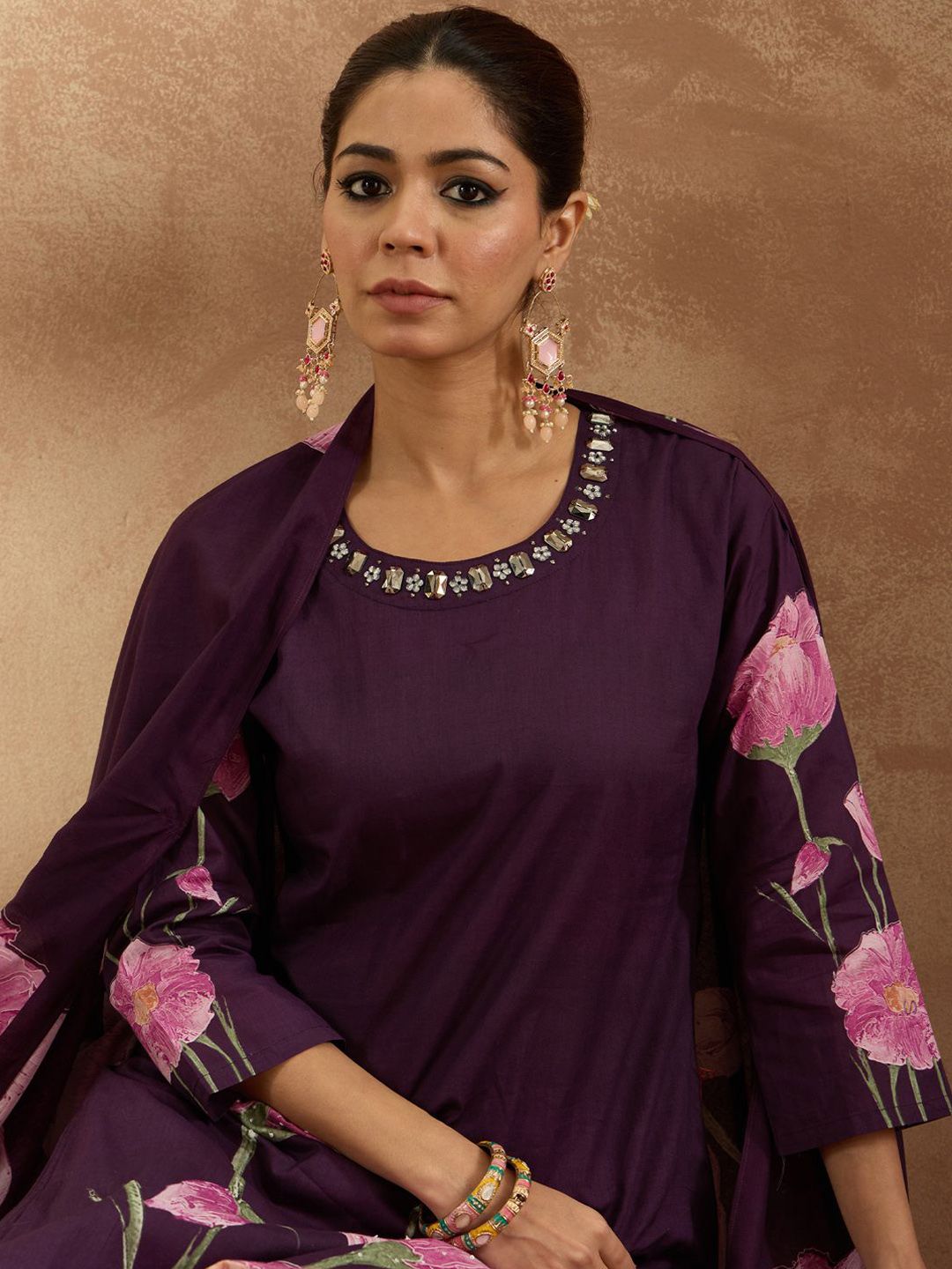 Indo Era Women Floral Printed Regular Pure Cotton Kurta with Trousers & With Dupatta