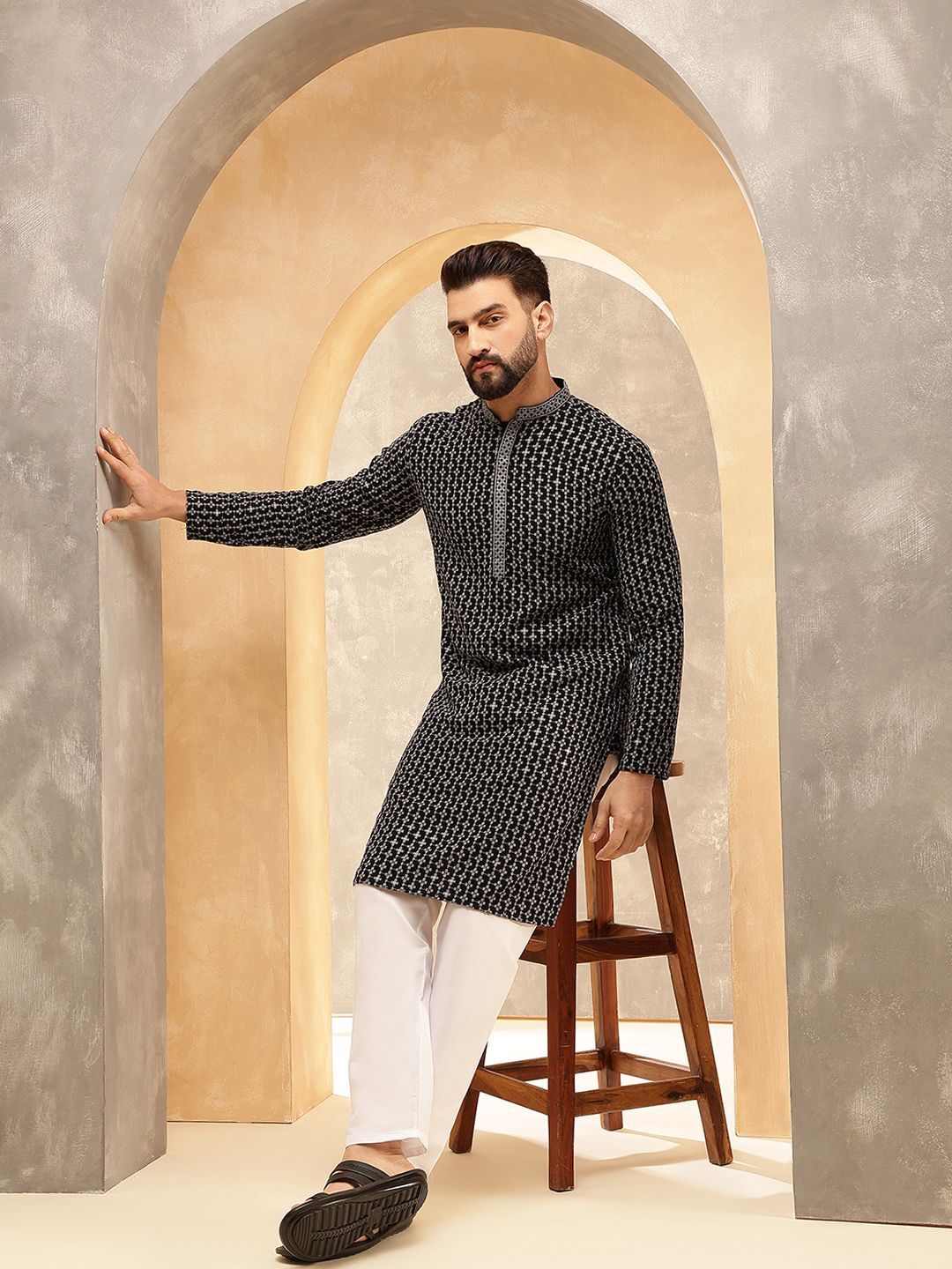 Anouk Grey Floral Embroidered Mandarin Collar Sequinned Pure Cotton Kurta With Pyjama