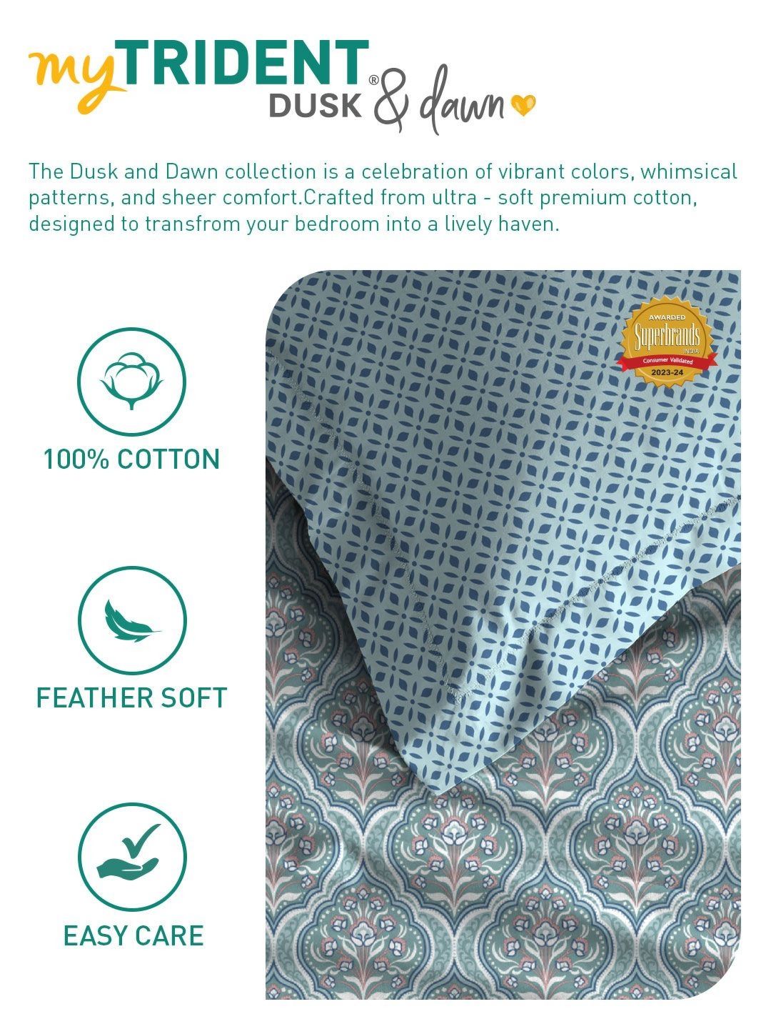 MYTRIDENT Anna Sea Green Dusk & Dawn Flat 144TC Queen Cotton Bedsheet Set