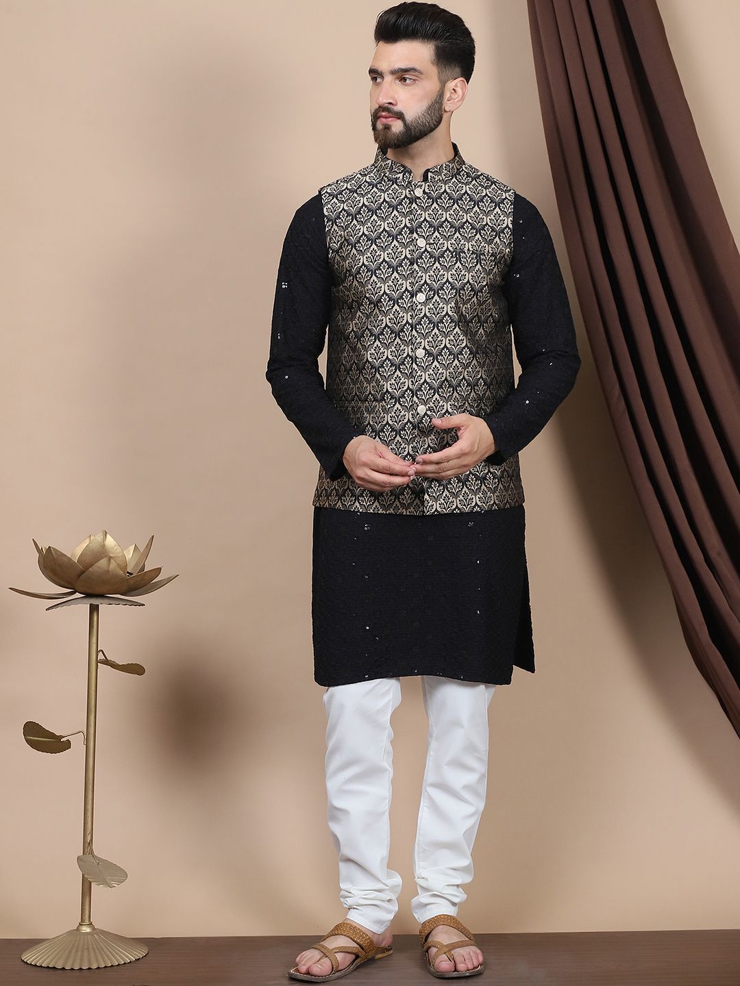 Anouk Black Floral Embroidered Sequinned Cotton Straight Kurta & Churidar & Nehru jacket